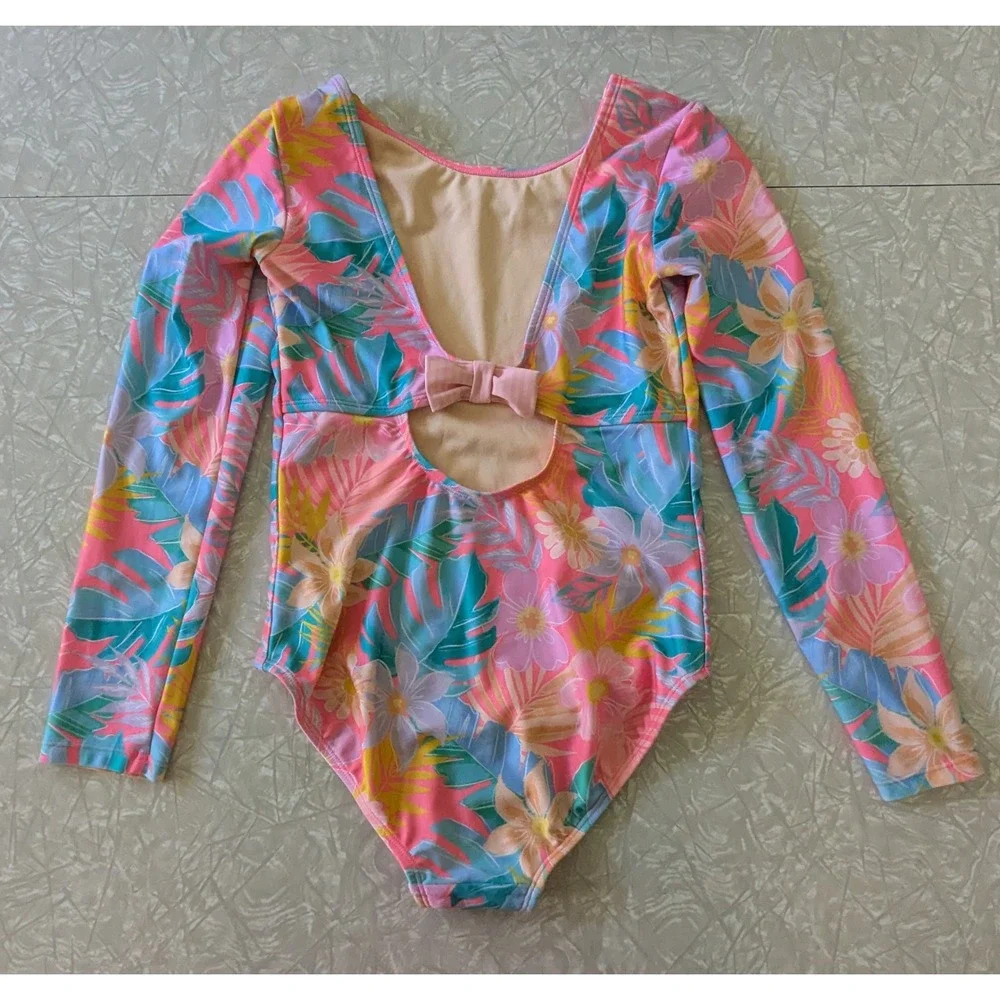 Cat & Jack Tropical Floral Long Sleeve One Piece Swimsuit Rashguard Girl L 10/12